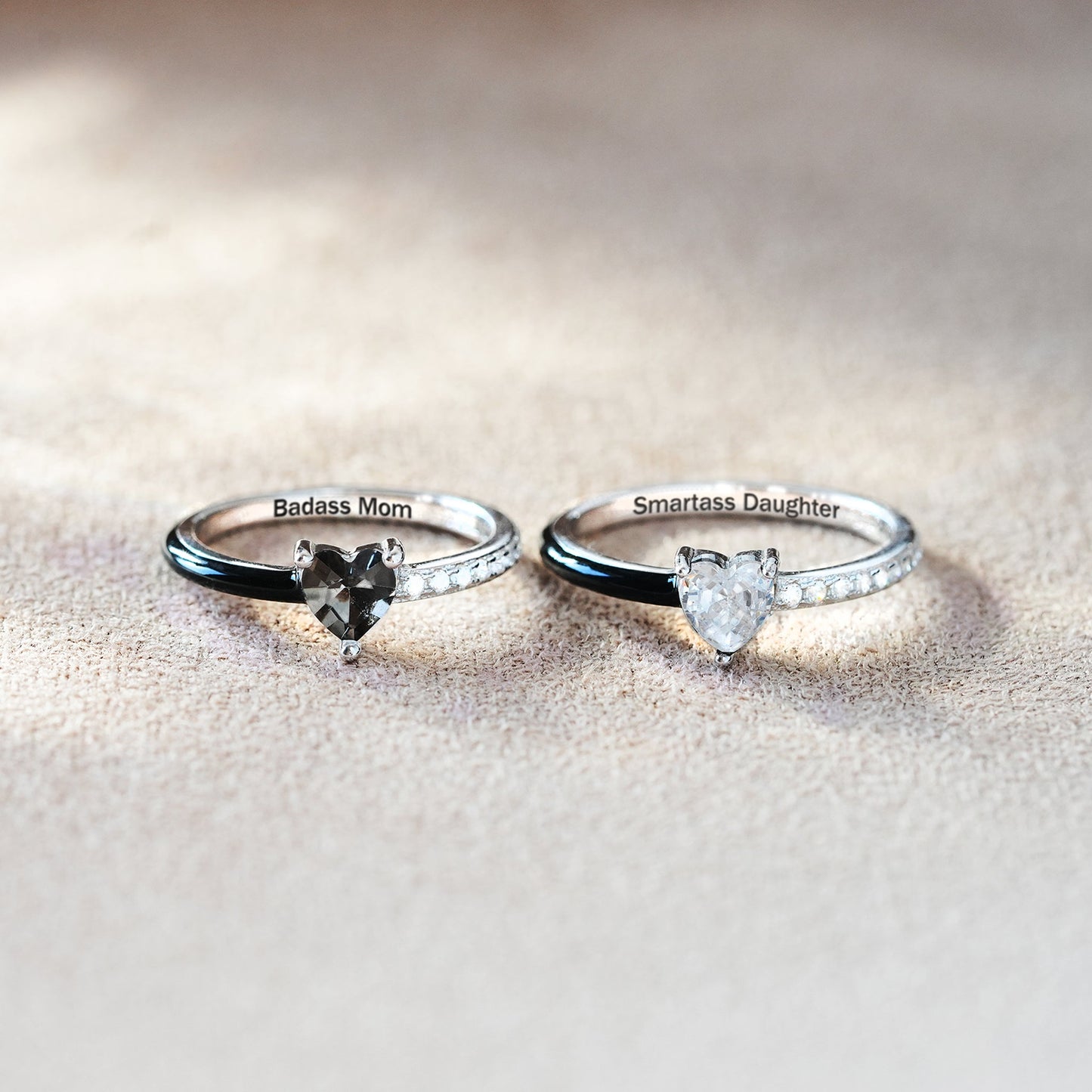 Like Mother Like Daughter Matching Black Enamel Heart Rings
