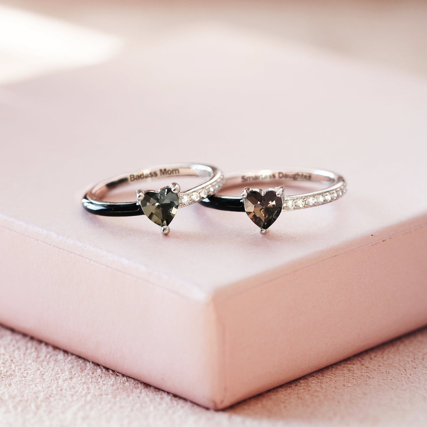 Like Mother Like Daughter Matching Black Enamel Heart Rings