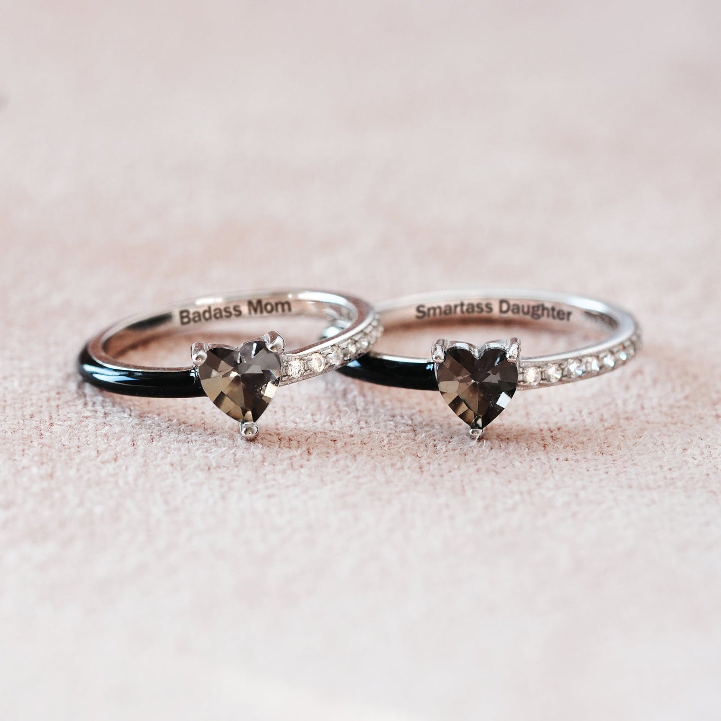 Like Mother Like Daughter Matching Black Enamel Heart Rings